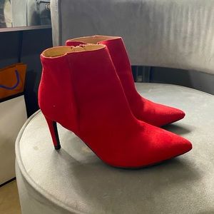 Red suede pointy booties